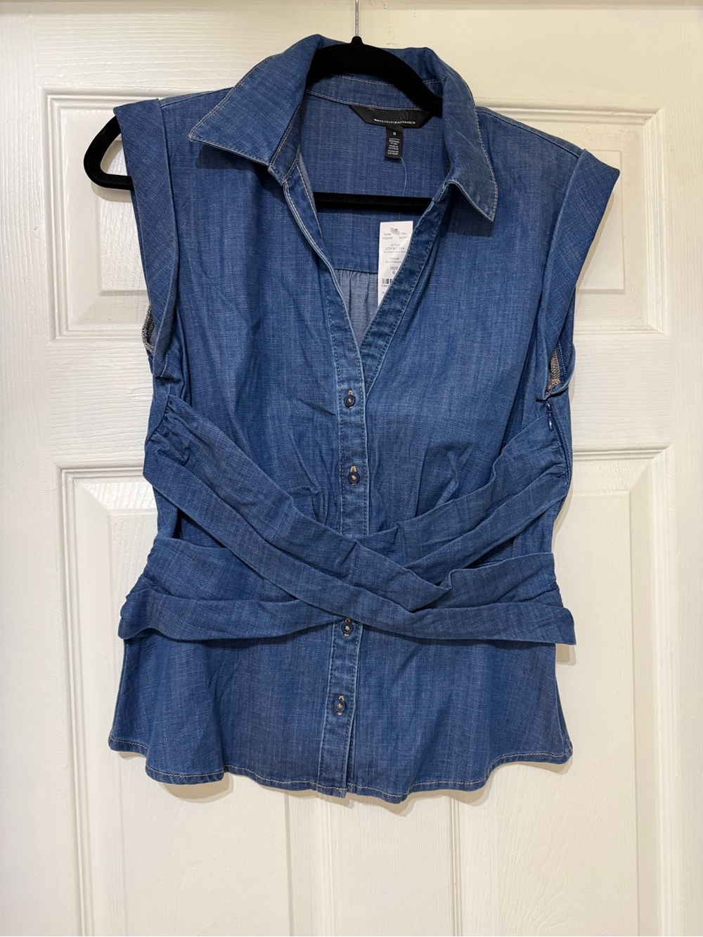 White House Black Market Sleeveless Denim Shirt with Waist Tie - Blue